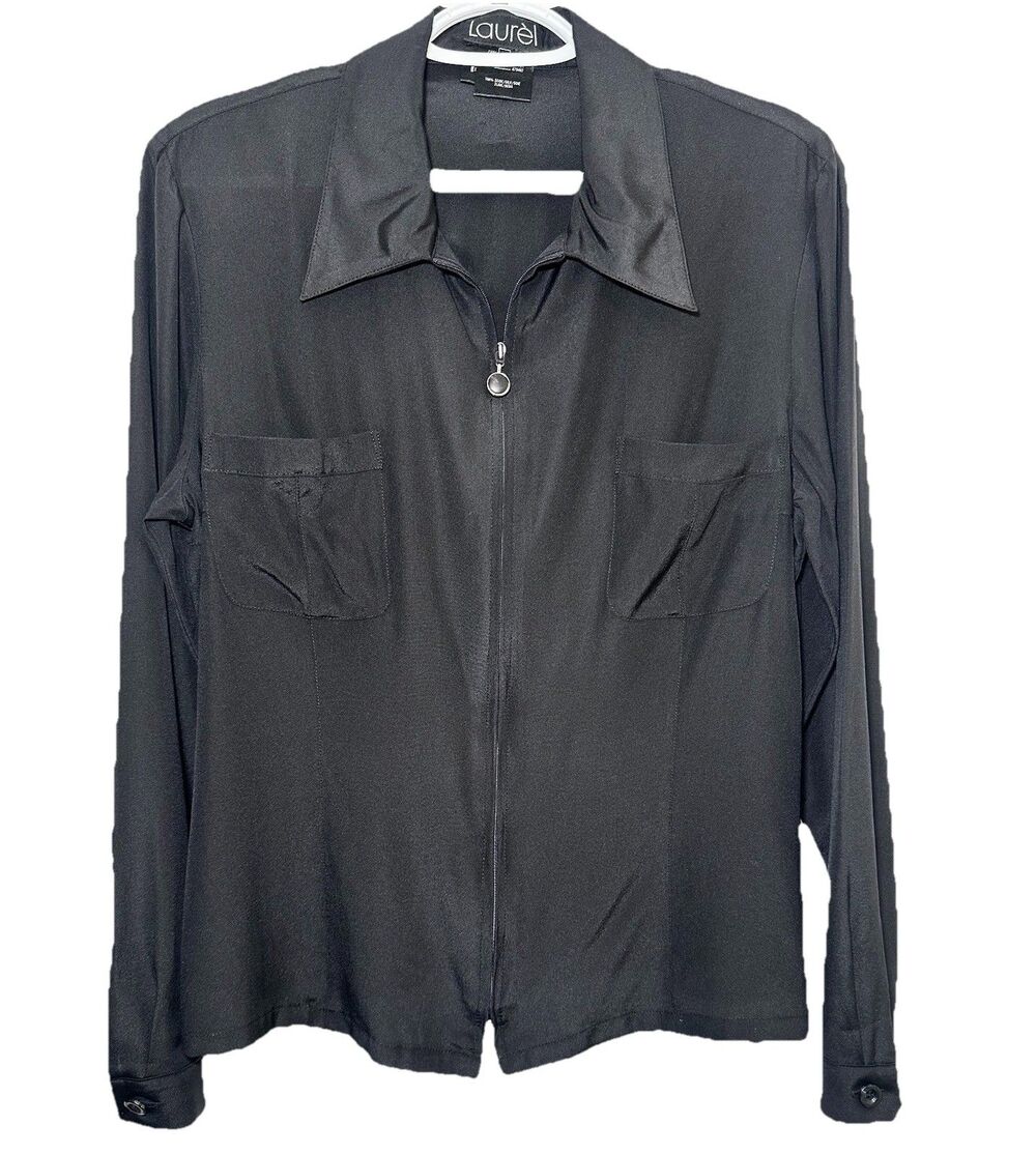 Laurel 100% Silk Black Zip Front Blouse Jacket Womens 40 Minimalist Career US 8